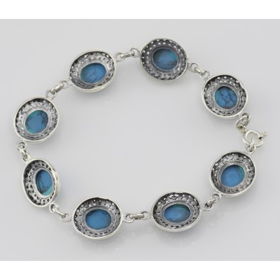 Turquoise Oval Link Bracelet - 7 1/4 inch - Sterling Silver - B-22024