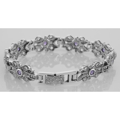 Victorian Style Marcasite  Amethyst Bracelet - 7 1/4 inches - Sterling Silver - B-39-AM