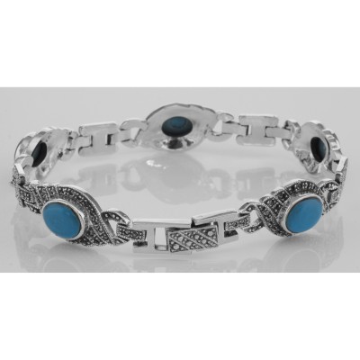 Classic Turquoise and Marcasite Bracelet - Large - Sterling Silver - B-41
