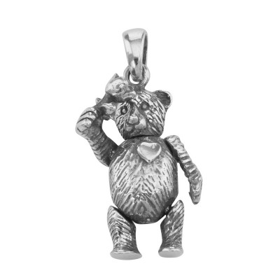 Teddy Bear Rose in Hand Pendant Charm - Movable Sterling Silver - CH-11