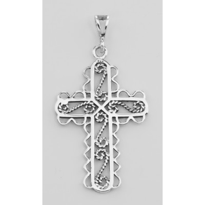 Twisted Rope Design Filigree Cross Pendant - Sterling Silver - CR-746
