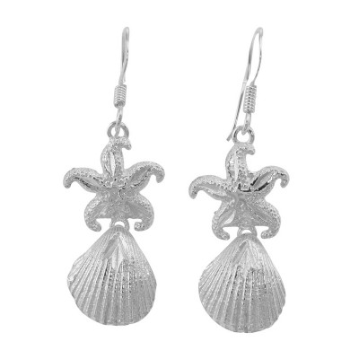 Sparkling Starfish and Shell Earrings - Sterling Silver - E-44454