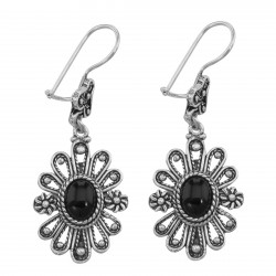 Antique Style Black Onyx Earrings with Flower Design - Sterling Silver