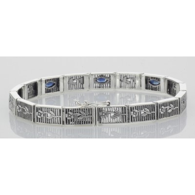 Victorian Style Floral Blue Sapphire Filigree Link Bracelet Sterling Silver - FB-11-S