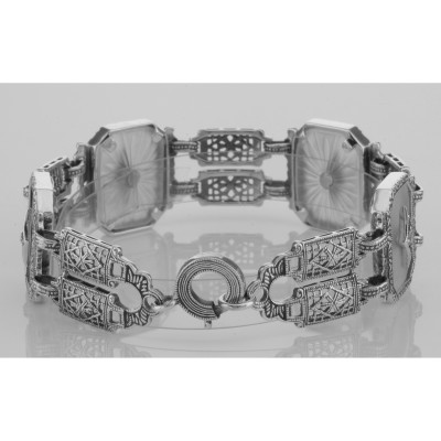Art Deco Style Filigree Camphor Glass Starburst Crystal Bracelet Sterling Silver - FB-128-SR