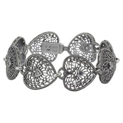Victorian Style Filigree Heart Bracelet Diamond and Sapphire Sterling Silver - FB-19-S-D