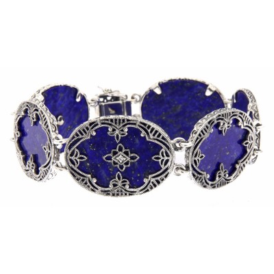 Victorian Style Blue Lapis Lazuli Diamond Filigree Bracelet - Sterling Silver - FB-22-L