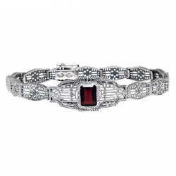 Victorian Style Garnet Filigree Link Bracelet in Fine Sterling Silver