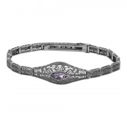 Victorian Style Amethyst Filigree Link Bracelet in Fine Sterling Silver