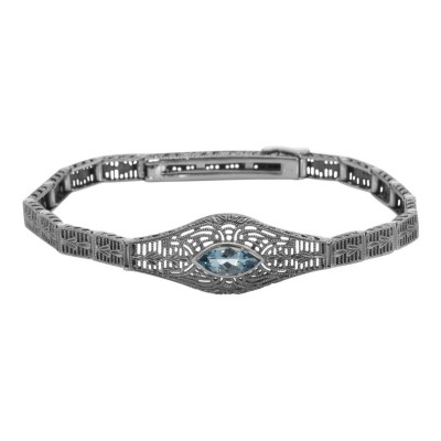 Victorian Style Blue Topaz Filigree Link Bracelet in Fine Sterling Silver - FB-51-BT