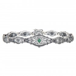 Art Deco Style Genuine Emerald Filigree Bracelet - Sterling Silver 7 1/4 inches