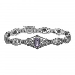 Victorian Style Amethyst  Diamond Filigree Link Bracelet Sterling Silver