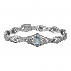 Art Deco Style Blue Topaz / Diamond Filigree Bracelet - Sterling Silver