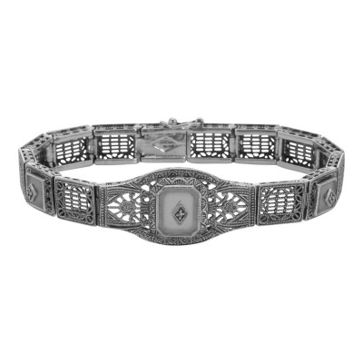 Art Deco Style 3 Stone Camphor Glass and Diamond Filigree Link Bracelet Sterling - FB-57-CR