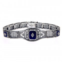 Art Deco Style 3 Stone Blue Lapis and Diamond Filigree Link Bracelet Sterling