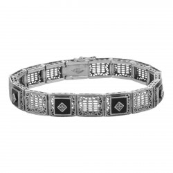 Art Deco Style Filigree Link Bracelet Black Onyx and Diamonds - Sterling Silver