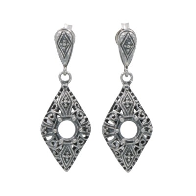 Classic Art Deco Style Sterling Silver 5mm Semi Mount Filigree Earrings - FE-110-SEMI