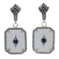 Antique Style Camphor Glass Earrings with Blue Sapphire Center in Fine Sterling Silver
