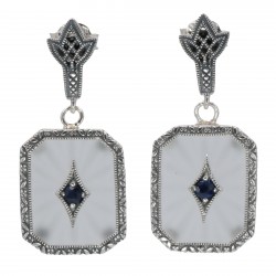 Antique Style Camphor Glass Earrings with Blue Sapphire Center in Fine Sterling Silver Antique Style Camphor Glass Earrings with Blue Sapphire Center in Fine Sterling Silver