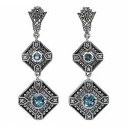 Art Deco Style London Blue Topaz Two Tiered Earrings Sterling Silver Art Deco Style London Blue Topaz Two Tiered Earrings Sterling Silver