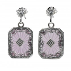 Art Deco Style Filigree Earrings Pink Pressed Glass Crystal Diamond Accents Sterling Silver