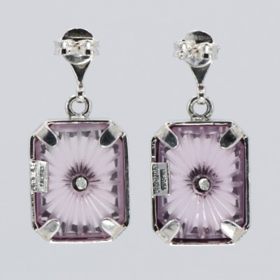 Art Deco Style Filigree Earrings Pink Pressed Glass Crystal Diamond Accents Sterling Silver - FE-371-PINK