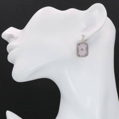 Art Deco Style Filigree Earrings Pink Pressed Glass Crystal Diamond Accents Sterling Silver - FE-371-PINK