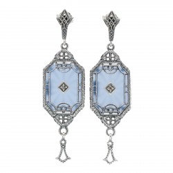 Art Deco Style Blue Sunray Crystal Dangle Filigree Earrings Diamond Accent Sterling Silver Art Deco Style Blue Sunray Crystal Dangle Filigree Earrings Diamond Accent Sterling Silver