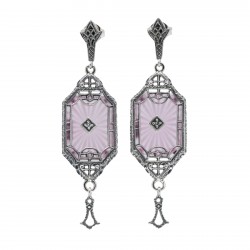 Art Deco Style Pink Sunray Crystal Dangle Filigree Earrings Diamond Accent Sterling Silver Art Deco Style Pink Sunray Crystal Dangle Filigree Earrings Diamond Accent Sterling Silver