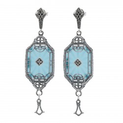 Art Deco Style Teal Sunray Crystal Dangle Filigree Earrings Diamond Accent Sterling Silver Art Deco Style Teal Sunray Crystal Dangle Filigree Earrings Diamond Accent Sterling Silver