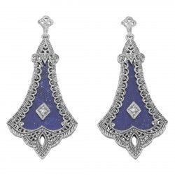 Lovely Art Deco Style Blue Lapis Lazuli Filigree Drop Earrings - Sterling Silver