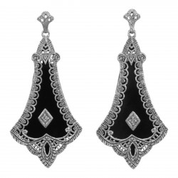 Art Deco Style Black Onyx Filigree Earrings with Diamond - Sterling Silver