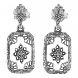 Victorian Style Camphor Glass / Diamond Filigree Earrings - Sterling Silver