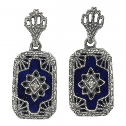 Victorian Style Blue Lapis and Diamond Filigree Earrings - Sterling Silver