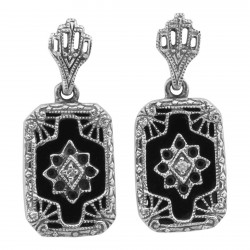 Victorian Style Black Onyx / Diamond Filigree Earrings - Sterling Silver