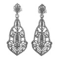 Victorian Style Diamond Filigree Drop Earrings - Sterling Silver