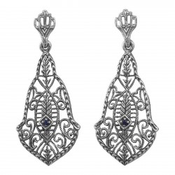 Sapphire Art Deco Style Filigree Drop Earrings - Sterling Silver