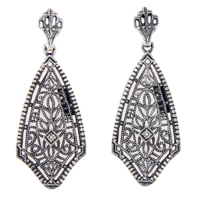 Filigree Earrings w/ Genuine Diamond Center - Sterling Silver - FE-138-D