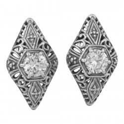 Classic Art Deco Style Filigree White Topaz Earrings - Sterling Silver