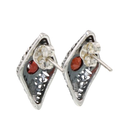 Classic Art Deco Style Filigree Natural Red Garnet Earrings - Sterling Silver - FE-141-G