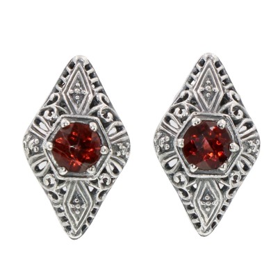 Classic Art Deco Style Filigree Natural Red Garnet Earrings - Sterling Silver - FE-141-G