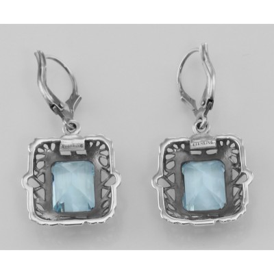 Art Deco Style Filigree 8 Carat TW Blue Topaz Earrings - Sterling Silver - FE-222-BT