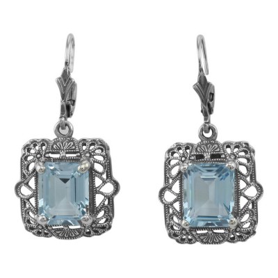 Art Deco Style Filigree 8 Carat TW Blue Topaz Earrings - Sterling Silver - FE-222-BT
