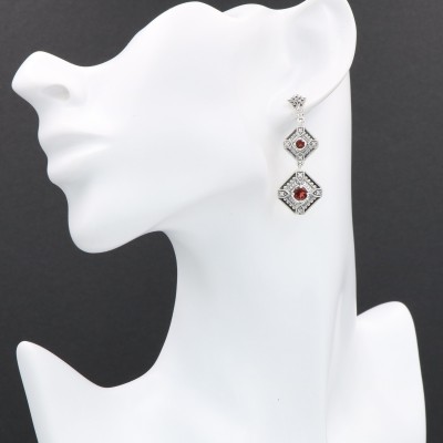 Art Deco Style Garnet Two Tiered Earrings Sterling Silver - FE-280-G
