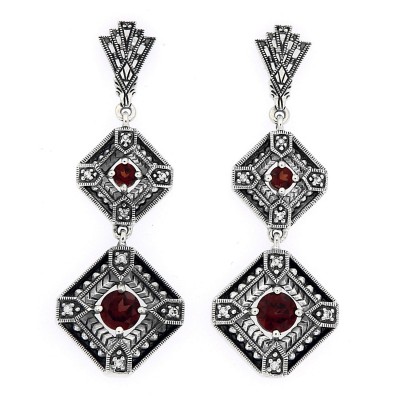 Art Deco Style Garnet Two Tiered Earrings Sterling Silver - FE-280-G
