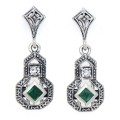 Art Deco Style Emerald and White Topaz Filigree Earrings - Sterling Silver