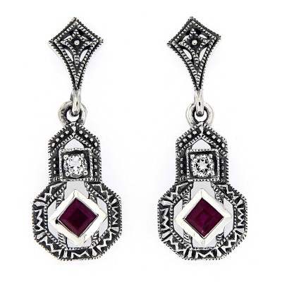 Art Deco Style Ruby and White Topaz Filigree Earrings - Sterling Silver - FE-365-R