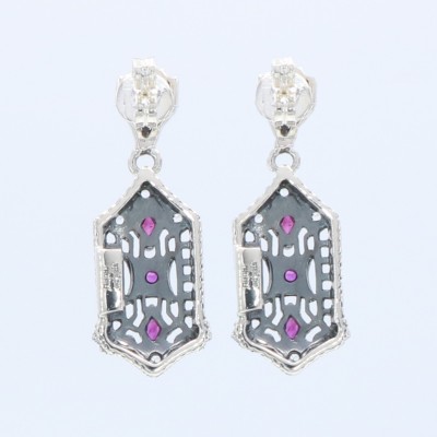 Art Deco Genuine Ruby and White Topaz Filigree Earrings - Sterling Silver - FE-366-R