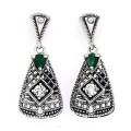 Art Deco Emerald and White Topaz Filigree Earrings - Sterling Silver