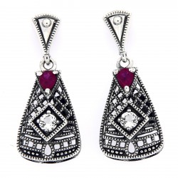 Art Deco Style Ruby and White Topaz Filigree Earrings - Sterling Silver